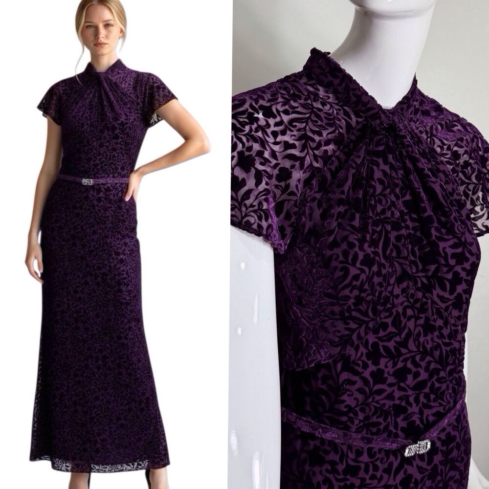 Ralph Lauren Sz 2 LRL Rich Lady Plum Velvet Burnout Dress Lauren Ralph Lauren
